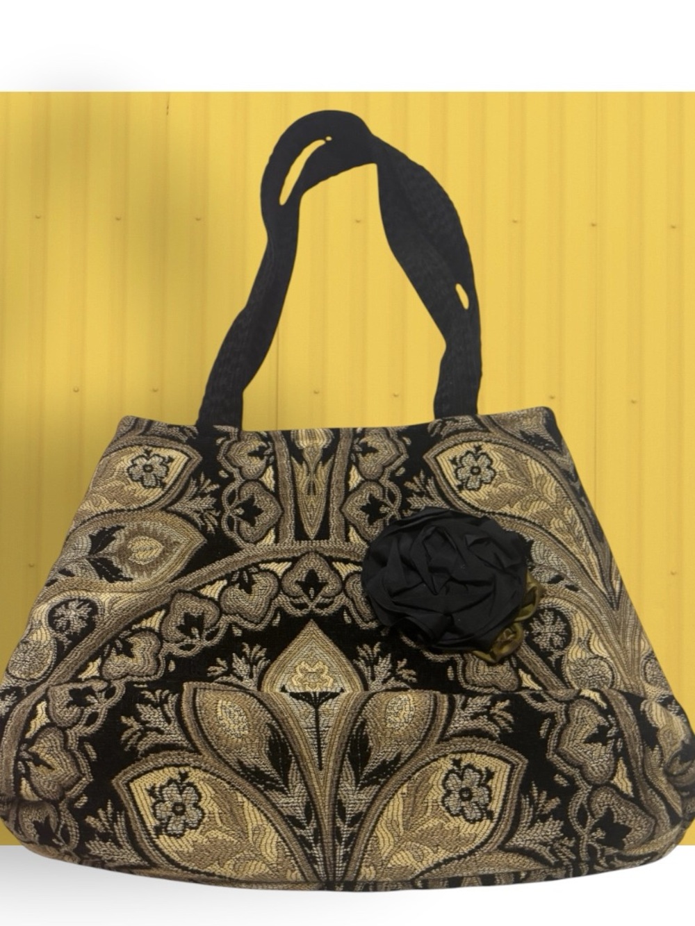 Black and Gold Floral Jacquard Tote with Rosette Accent